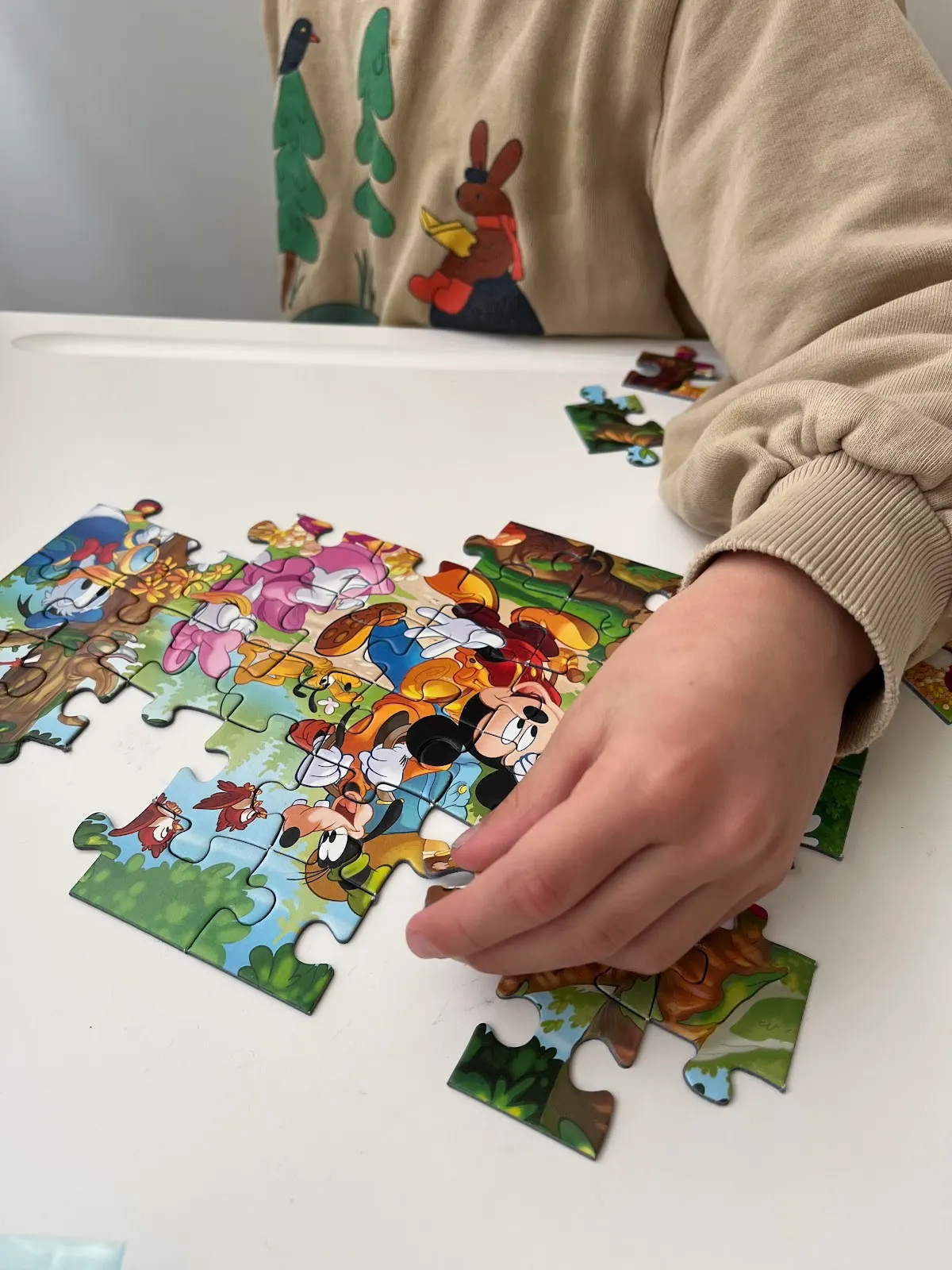 Una persona monta un puzle ilustrado en una mesa durante una actividad de ABA Euskadi.