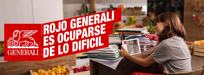 Anuncio de Generali con una persona atendiendo en una mesa de trabajo.