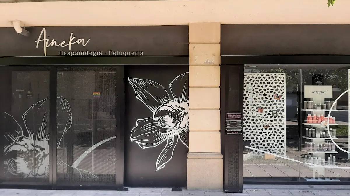 Fachada de Aineka ileapaindegia peluqueria, con ilustraciones florales en los cristales.