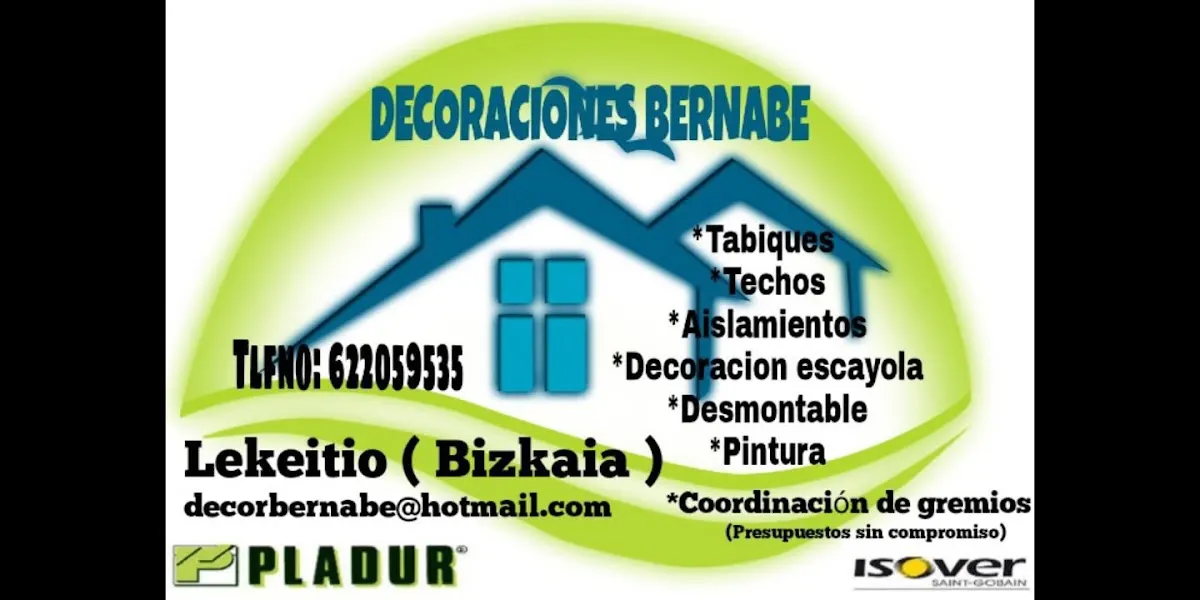 Rótulo de Decoraciones Bernabe con servicios de tabiques, techos, aislamientos, escayola y pintura.