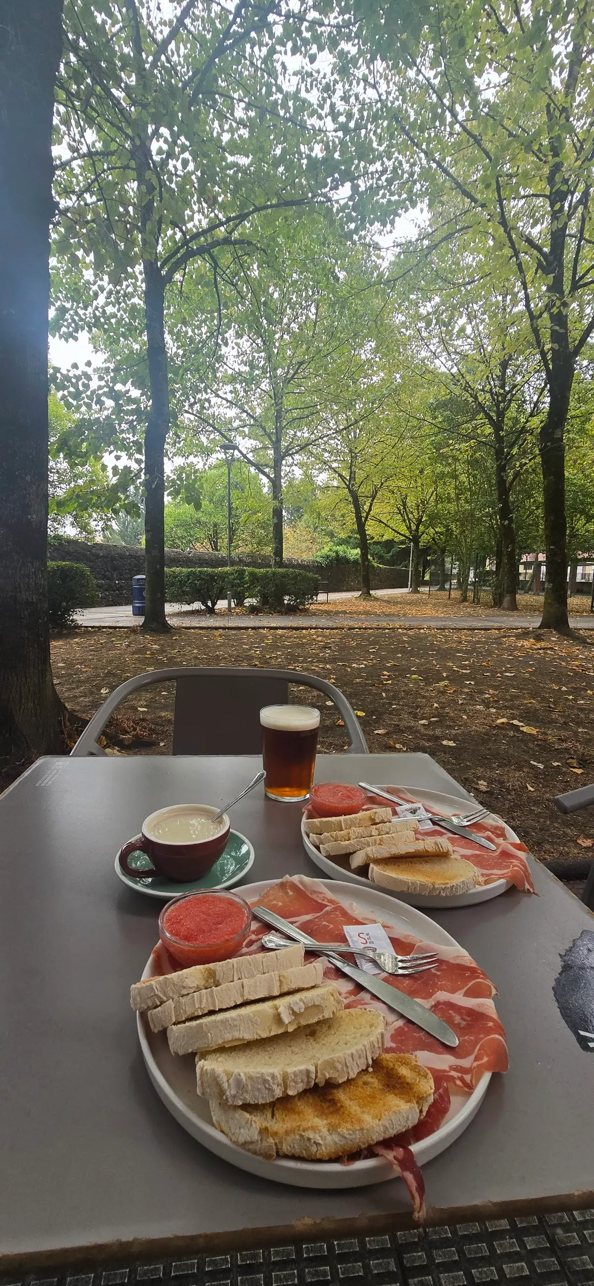 Desayuno servido en la terraza de Bar Katazka, junto a una zona arbolada.