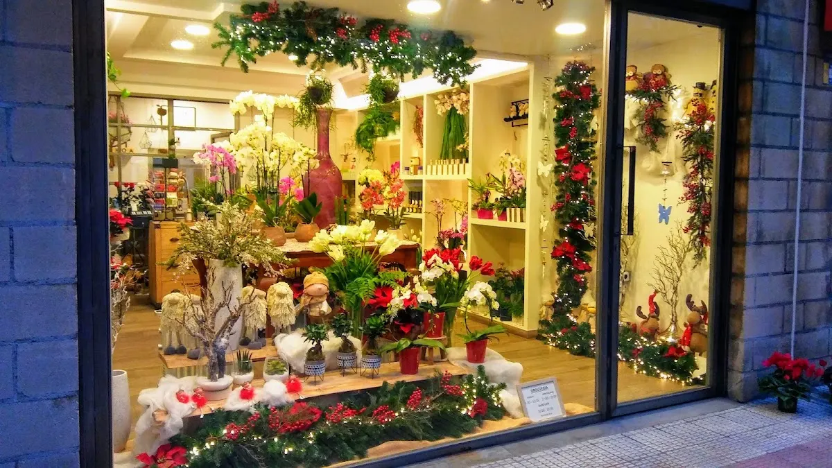 Escaparate de Bekoa Floristería con plantas, ramos y adornos florales.