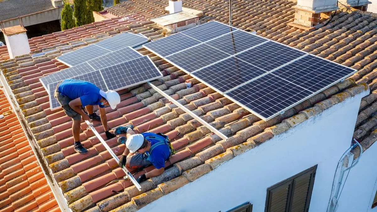 Dos trabajadores instalan paneles solares sobre un tejado de tejas.