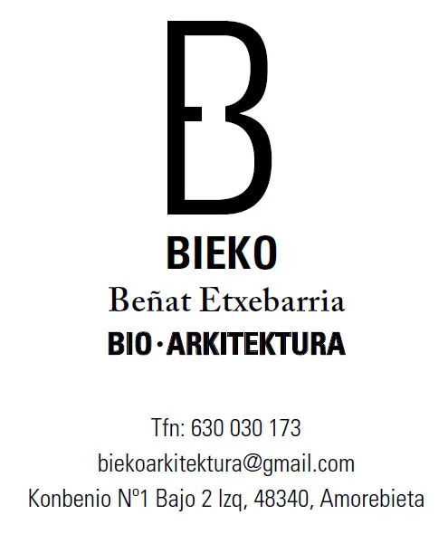 Logotipo de Bieko Arkitektura con el nombre de Beñat Etxebarria y datos de contacto