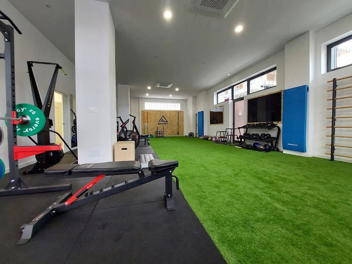 Sala de entrenamiento de Branka con césped artificial y máquinas de fuerza