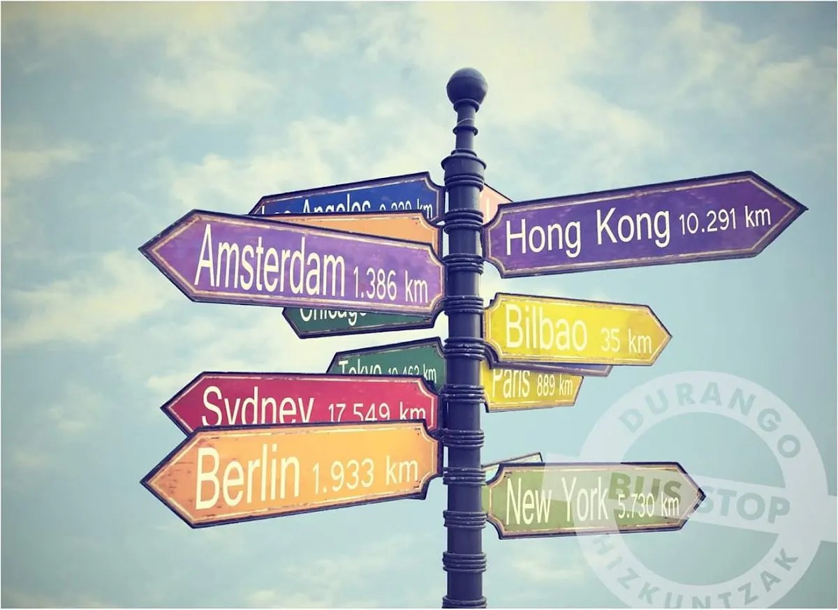 Señal con distancias a distintas ciudades del mundo.