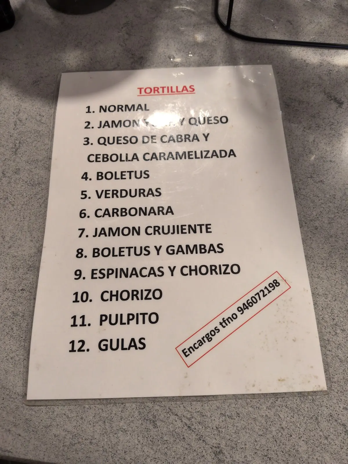Lista de variedades de tortilla de la cafetería Atsegin