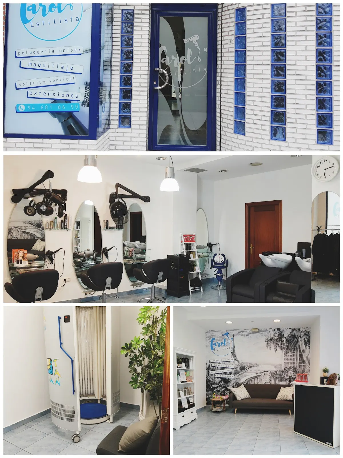 Fachada y vistas del interior de Carol Estilista Durango, con puestos de peluquería y zona de lavado.