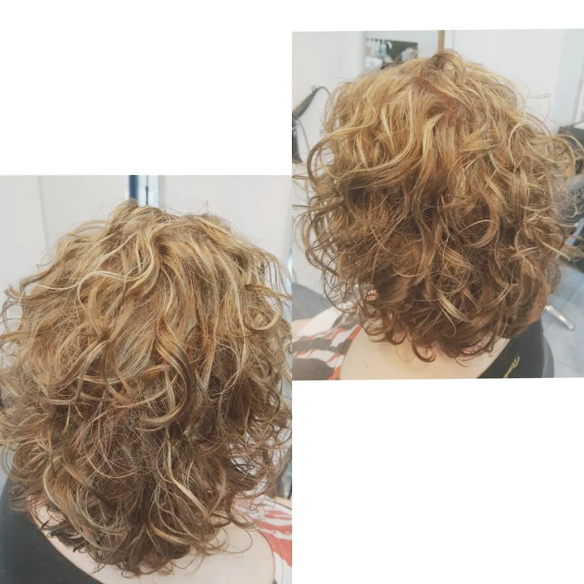 Dos vistas de un corte de pelo rizado realizado en Carol Estilista Durango.