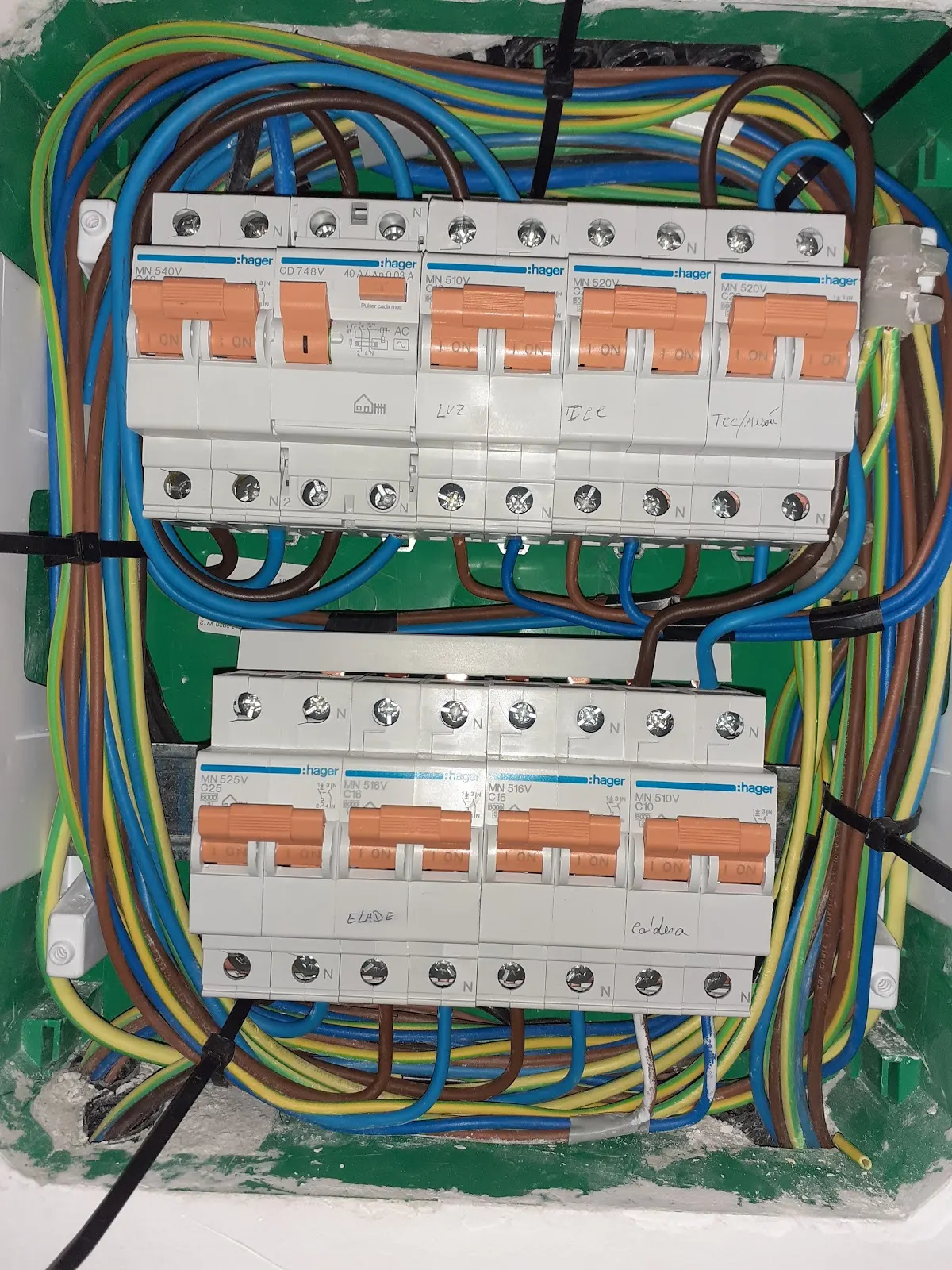 Cuadro eléctrico instalado con cableado ordenado.