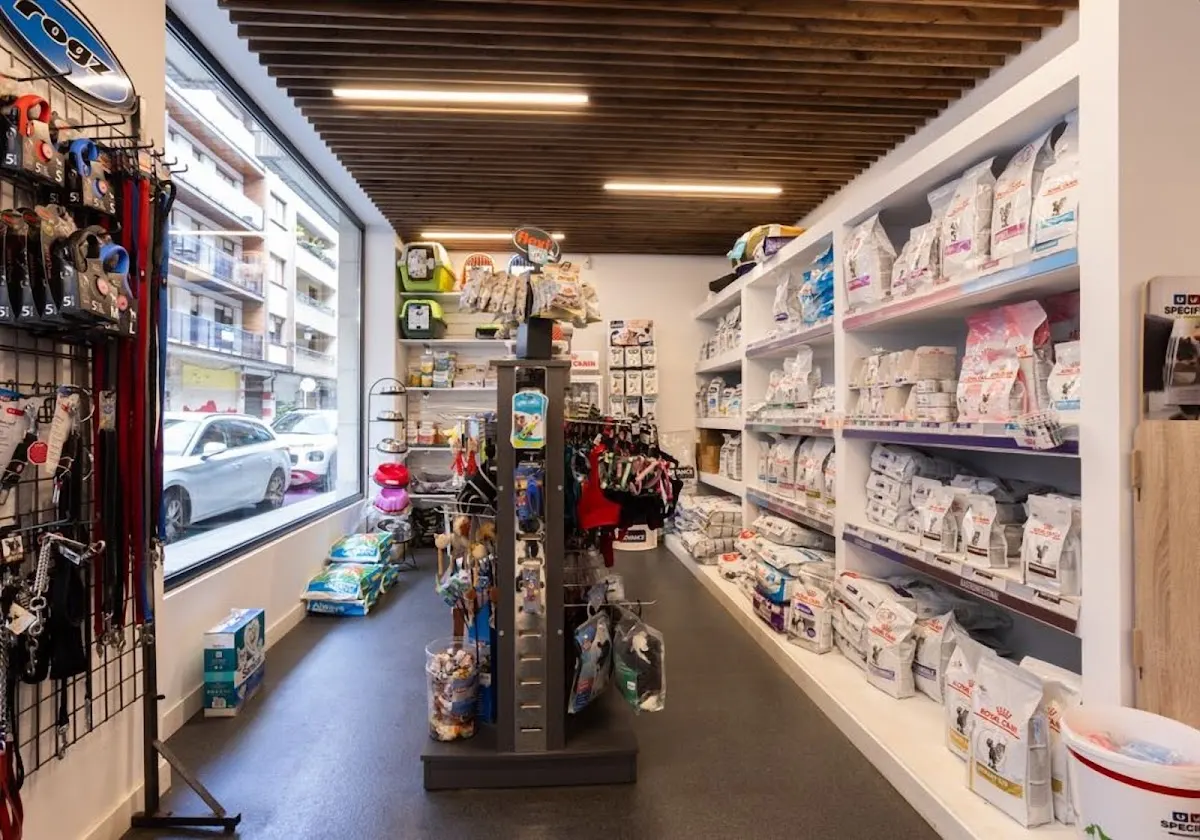 Estanterías con productos y alimentos para animales en la Clínica Veterinaria Etorbide Amorebieta.