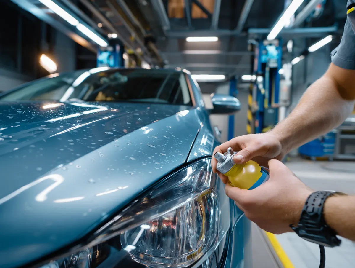 Aplicación de un producto sobre el faro de un coche en un taller