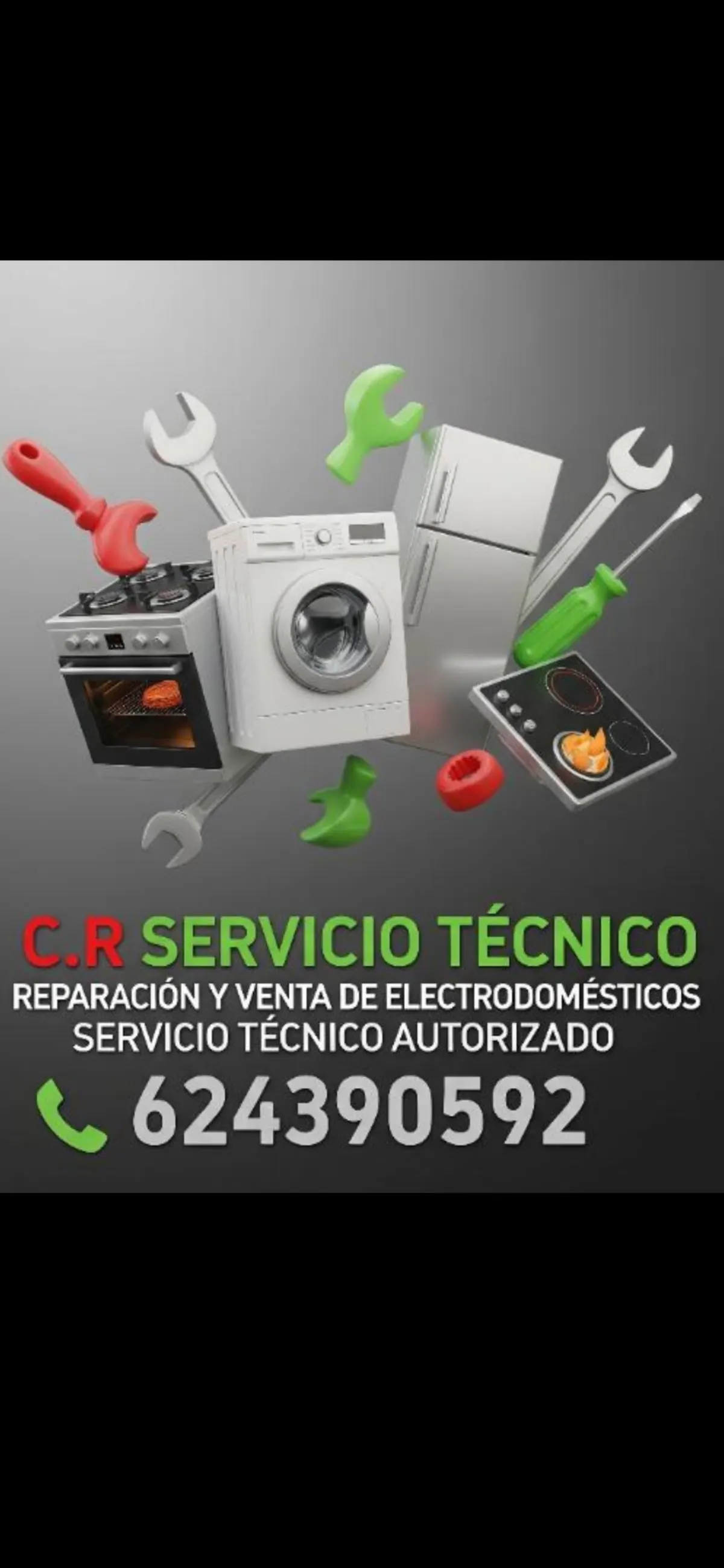 Imagen promocional de CR Servicio Técnico con electrodomésticos, herramientas y teléfono de contacto.