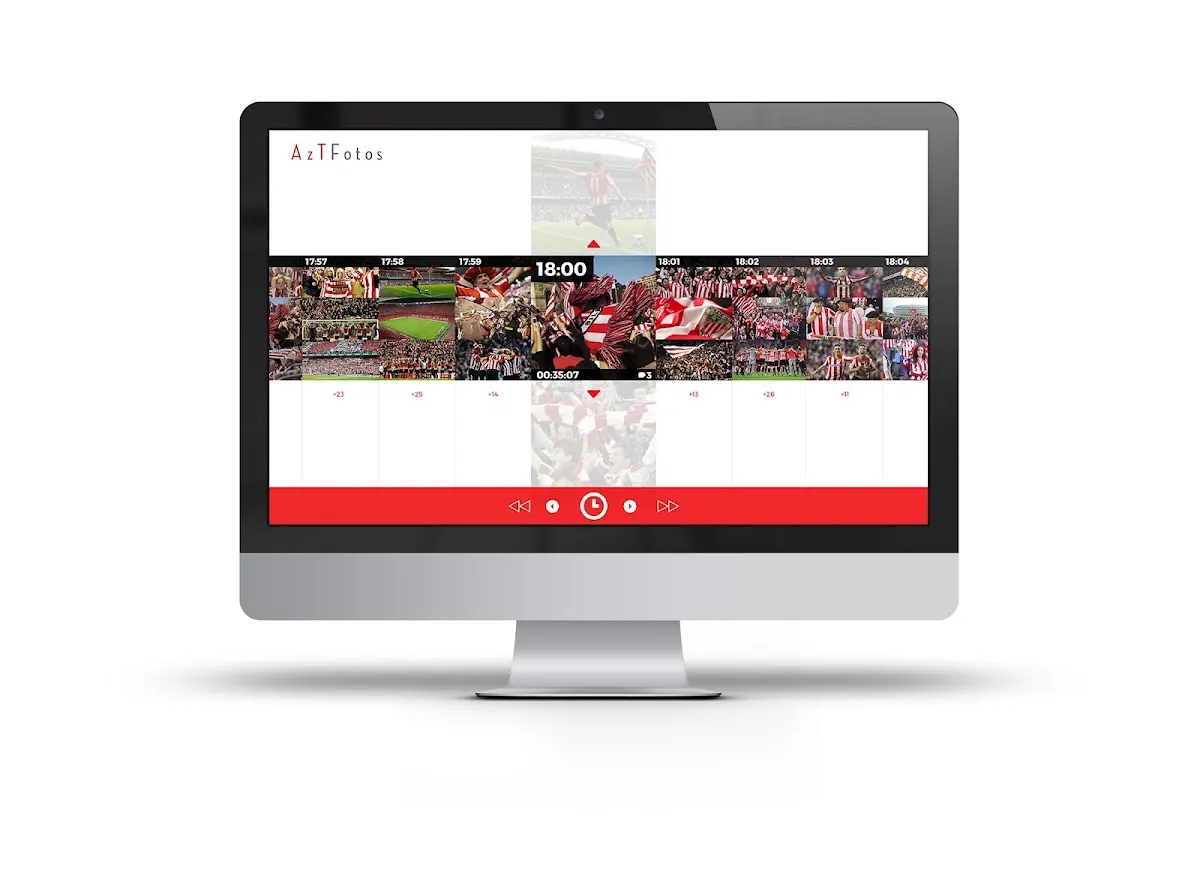 Monitor con una interfaz de línea de tiempo y fotografías de eventos, asociada a ddikar.