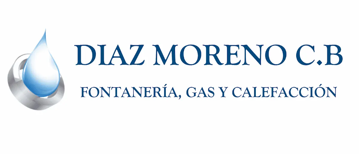 Logotipo de Diaz Moreno C.B, con una gota de agua y el texto «Fontanería, gas y calefacción».