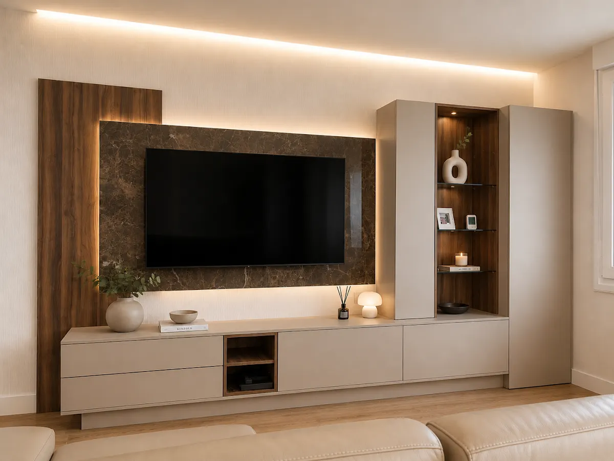 Mueble de salón a medida de Ebanistería Agustín con panel para televisión y estantería