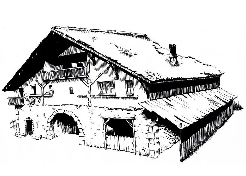 Ilustración en blanco y negro de una casa tradicional con tejado inclinado