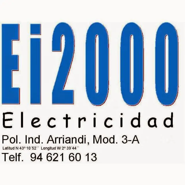 Logotipo de Ei2000 Electricidad, con la dirección en el Polígono Industrial Arriandi y el teléfono de contacto