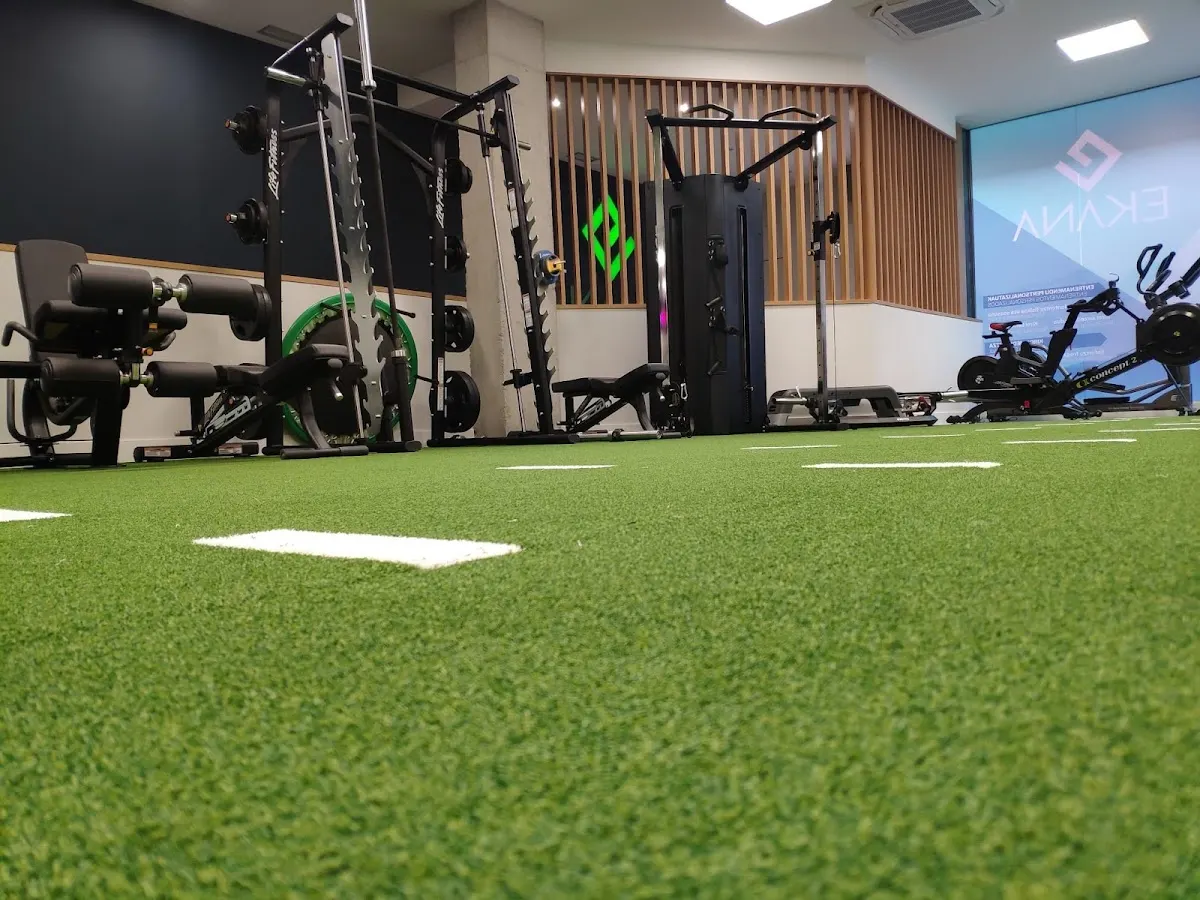 Sala de entrenamiento de EKANA ZENTROA con máquinas y césped artificial.