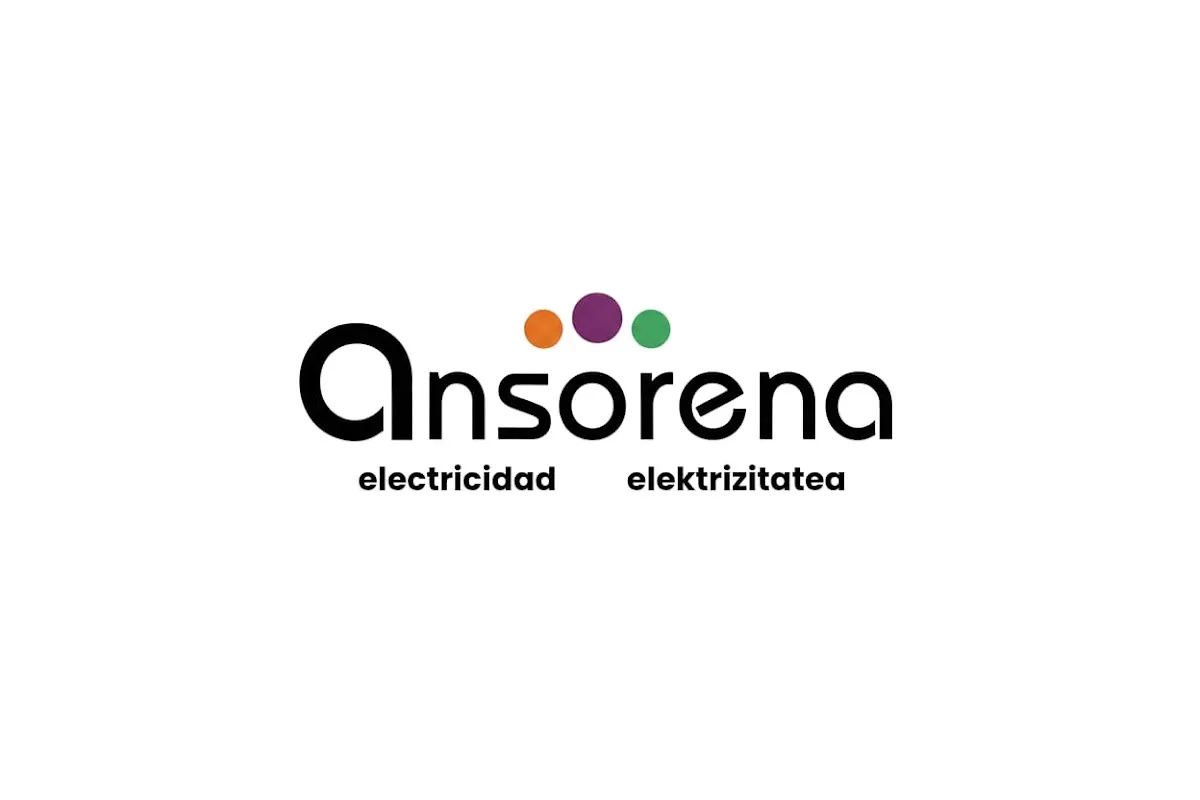 Logotipo de Electricidad Ansorena, con el nombre del negocio y las palabras «electricidad» y «elektrizitatea».