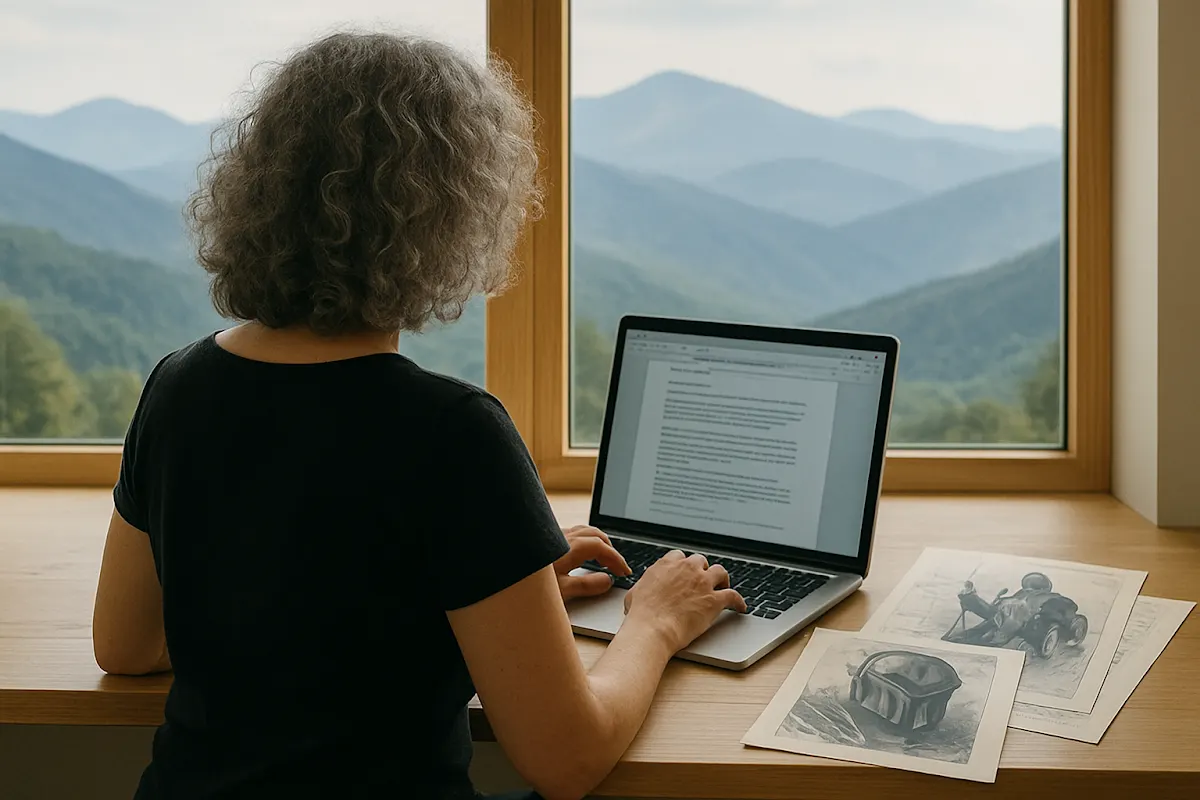 Persona trabajando con un ordenador portátil junto a una ventana con vistas a las montañas.