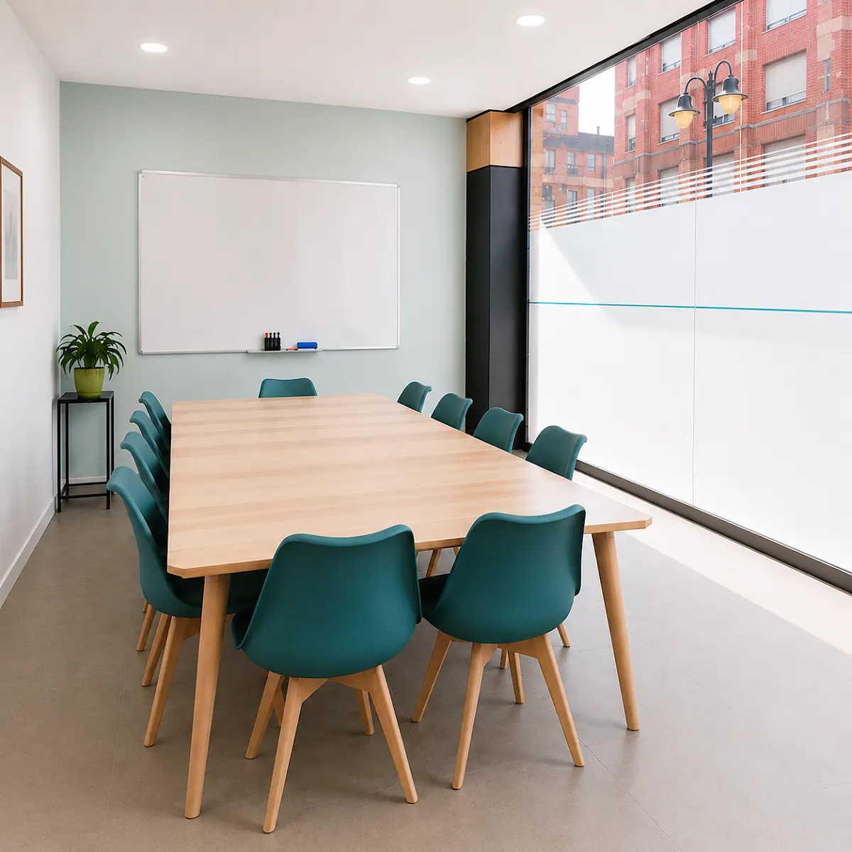 Sala de clases de English Connect con mesa, sillas y pizarra