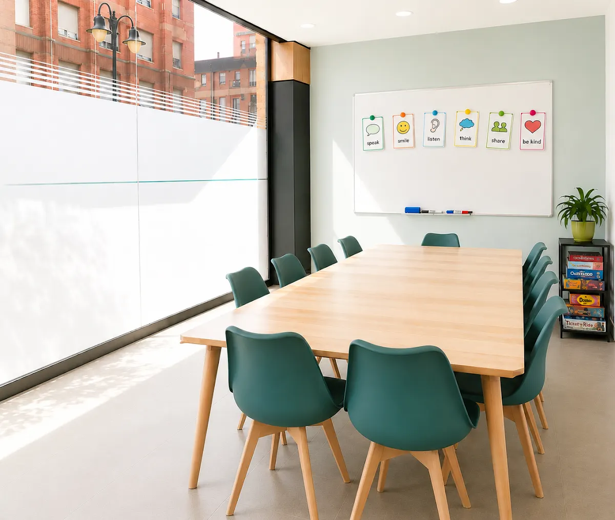 Aula de English Connect con mesa de trabajo y sillas