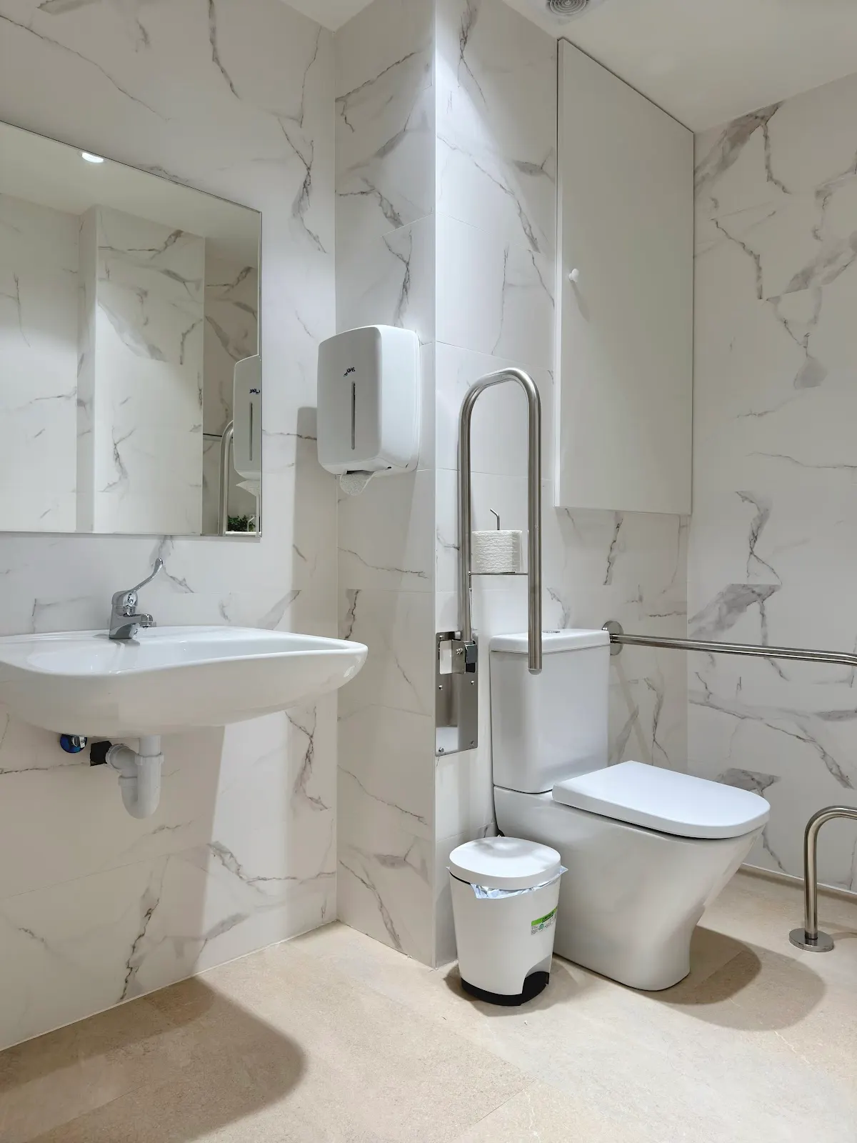 Baño accesible del centro Esencia Estética, con lavabo, inodoro y barras de apoyo.