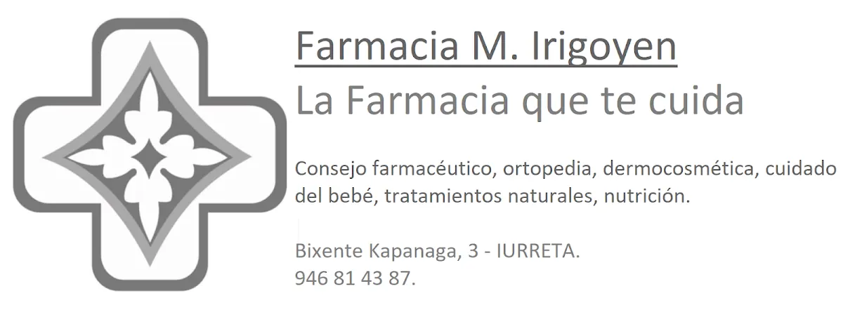 Rótulo de Farmacia M. Irigoyen con información de sus servicios y ubicación en Iurreta.