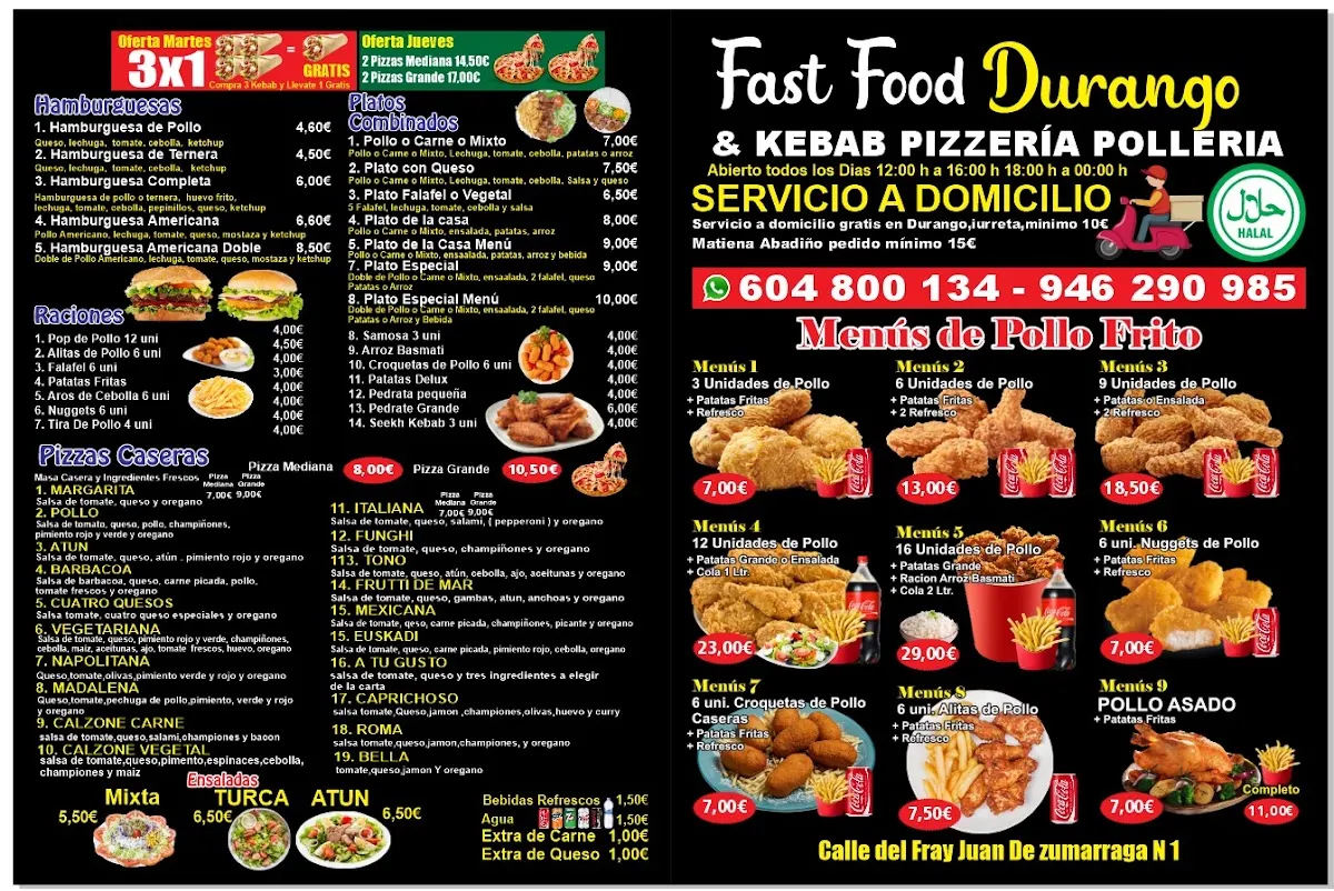 Carta de FAST FOOD DURANGO con pizzas, kebabs, hamburguesas, platos de pollo y menús.