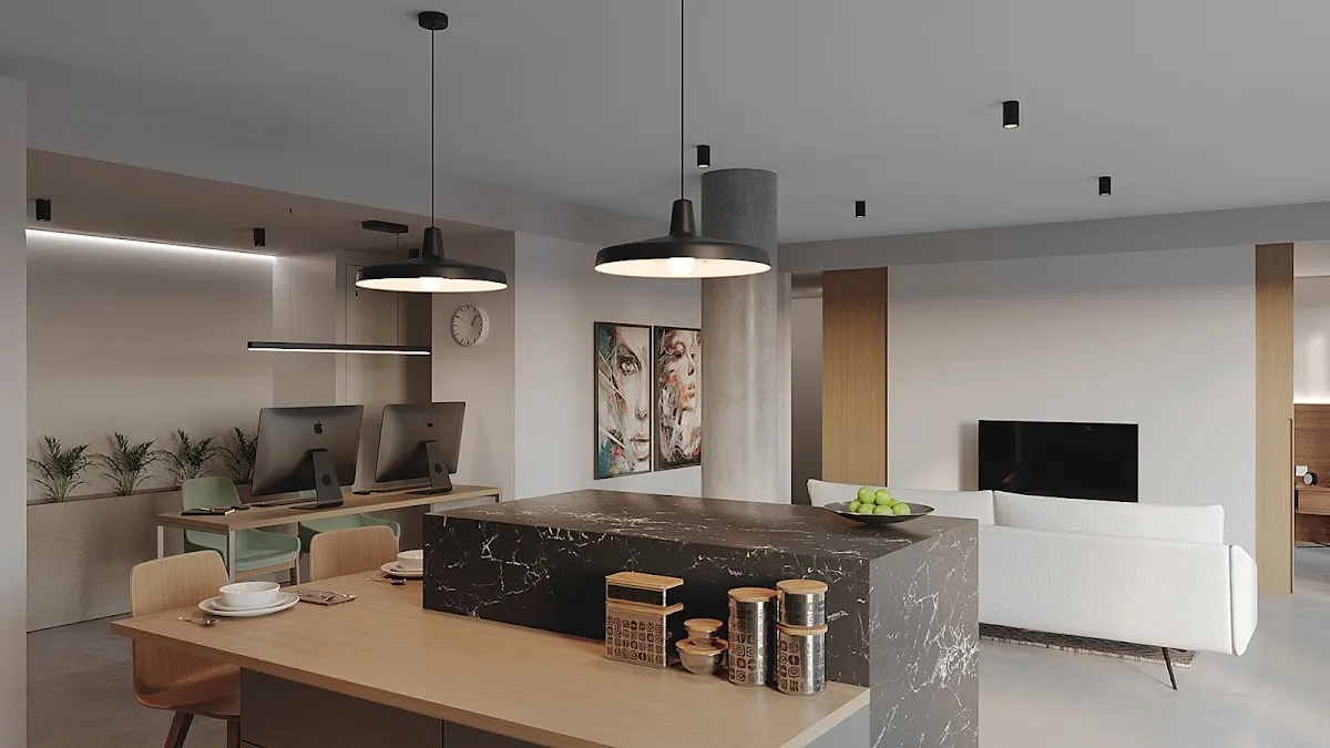 Cocina abierta y salón diseñados con mobiliario y acabados contemporáneos.