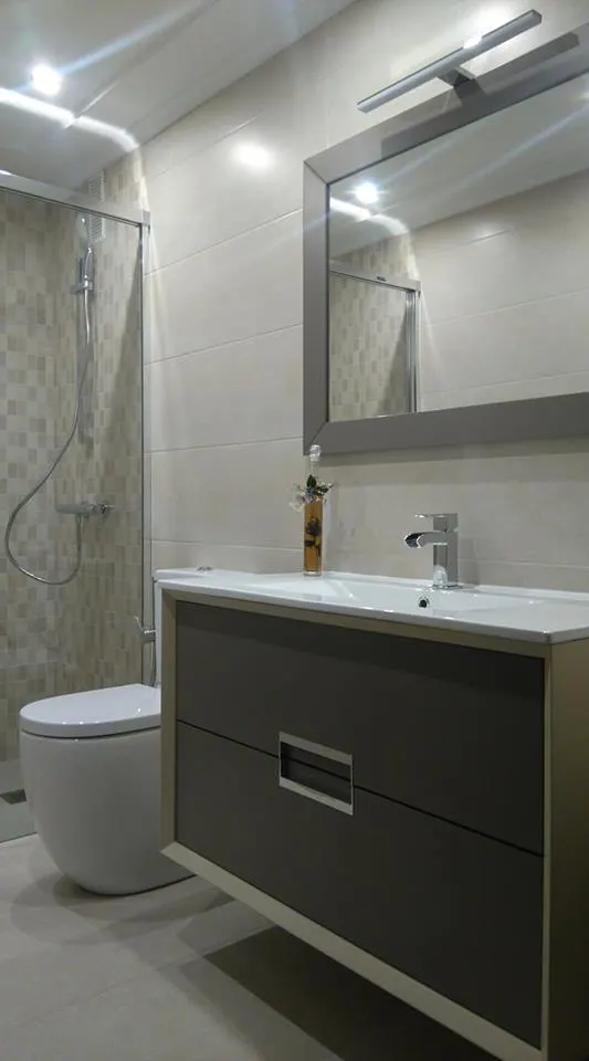 Baño con mueble bajo lavabo, espejo y ducha