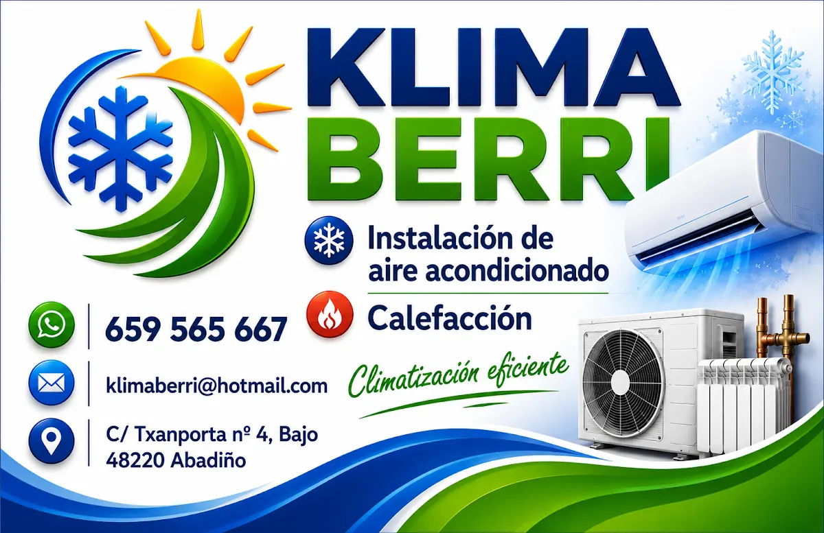 Tarjeta de Klima Berri con información de instalación de aire acondicionado y calefacción en Abadiño.