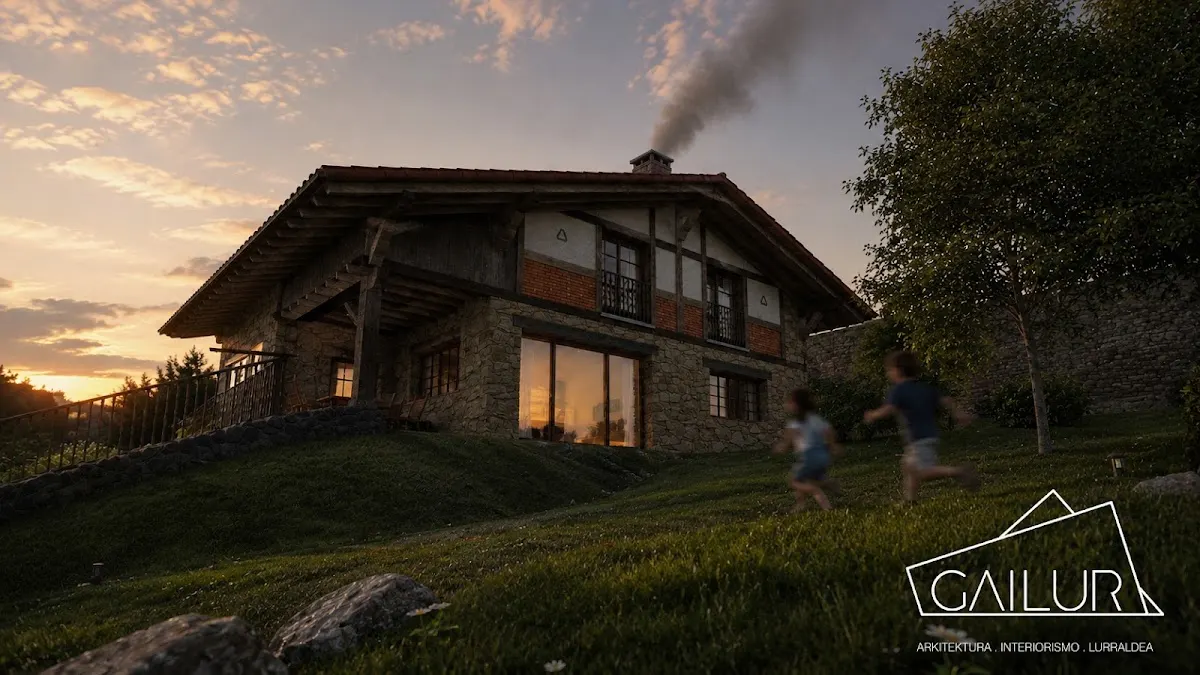 Vivienda de piedra y madera al atardecer, proyecto de GAILUR. Arkitektura - Interiorismo - Lurraldea