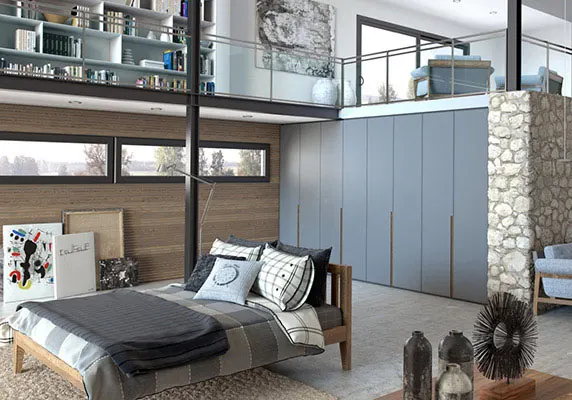 Dormitorio con armario de puertas correderas y carpintería interior