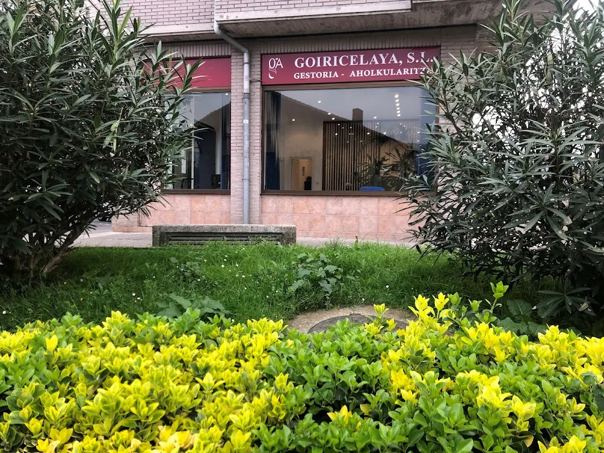 Ventanal de Gestoría Asesoría Goiricelaya S.L. tras una zona ajardinada