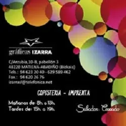 Tarjeta de Gráficas Izarra con datos del negocio y horario.