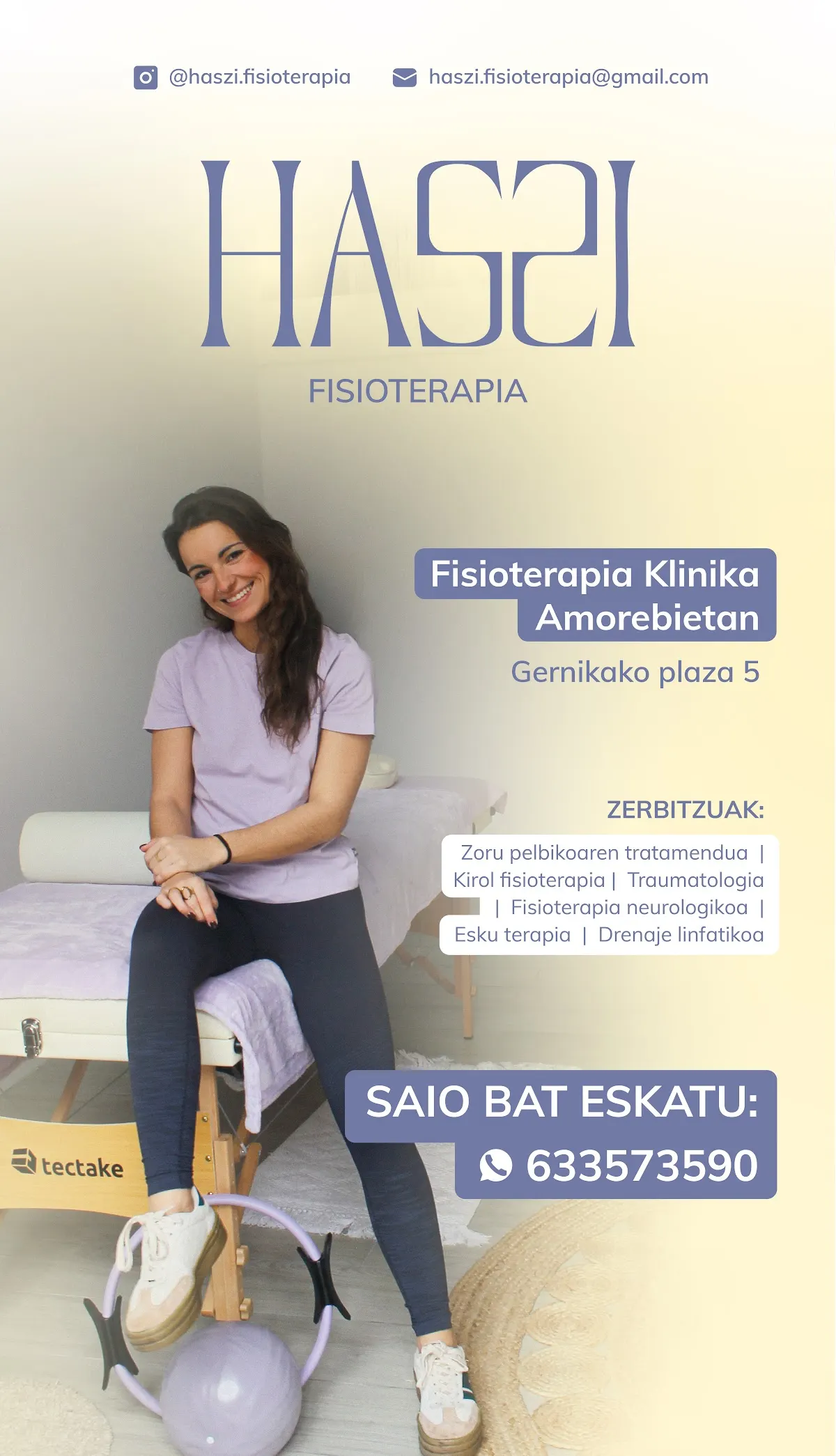Cartel de Haszi Fisioterapia con información sobre servicios y contacto.