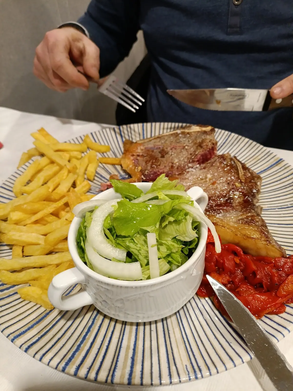 Plato de carne a la plancha con patatas fritas y ensalada en Herriko Taberna Mañaria.