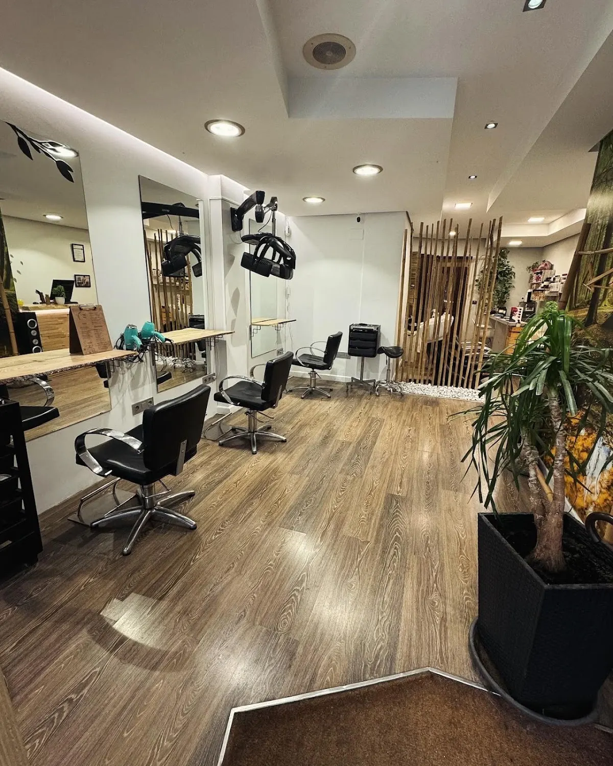 Interior de la peluquería Hirune Ile-Apaindegia, con puestos de trabajo y sillones.
