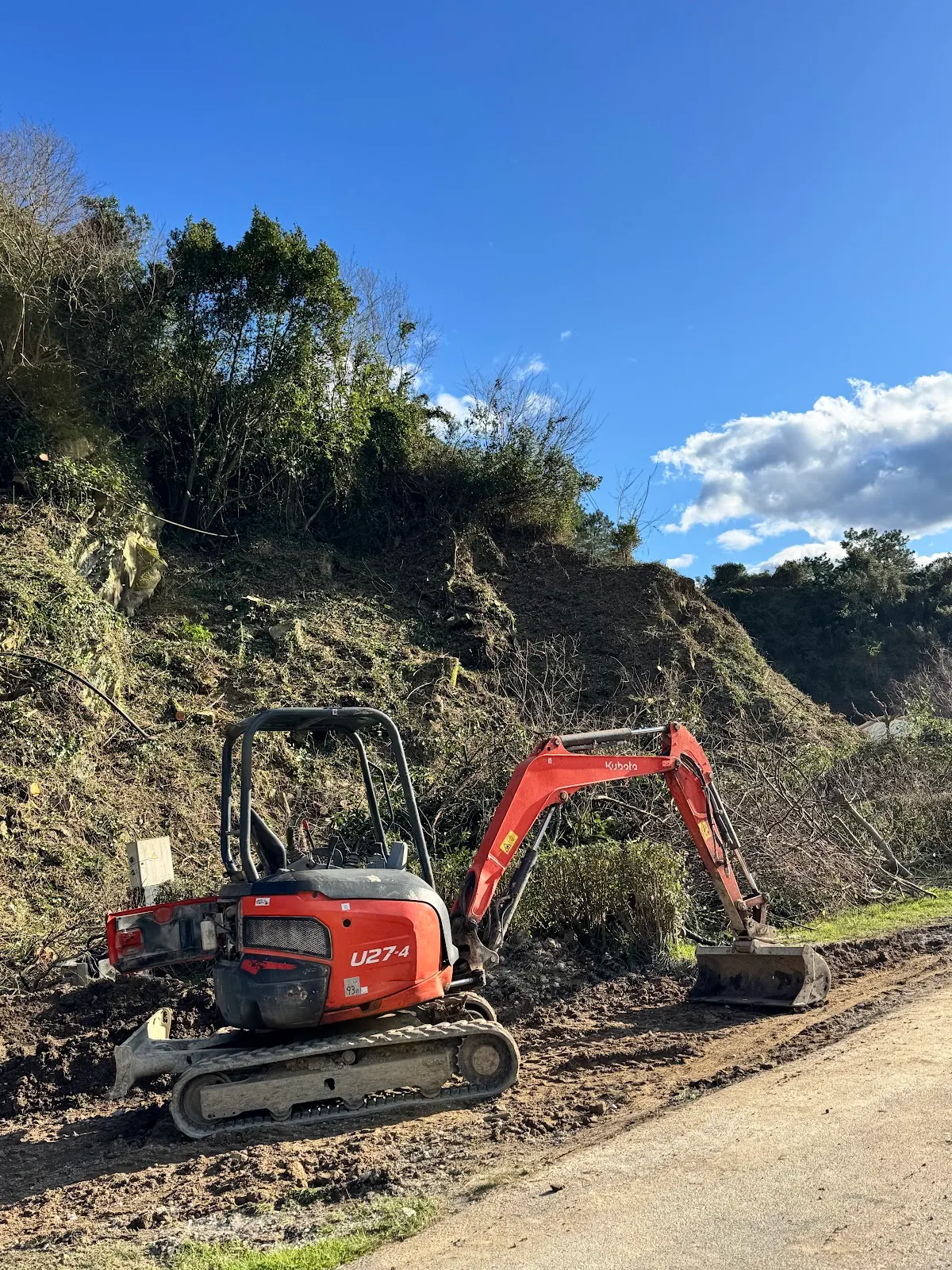Excavadora trabajando en un terreno con vegetación, en una labor de desbroce.