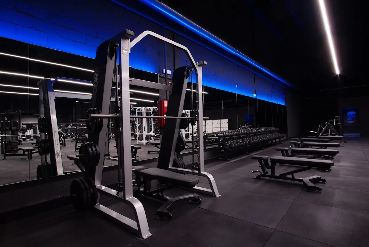 Zona de entrenamiento de Ionic Fitness Center con máquinas de fuerza y bancos