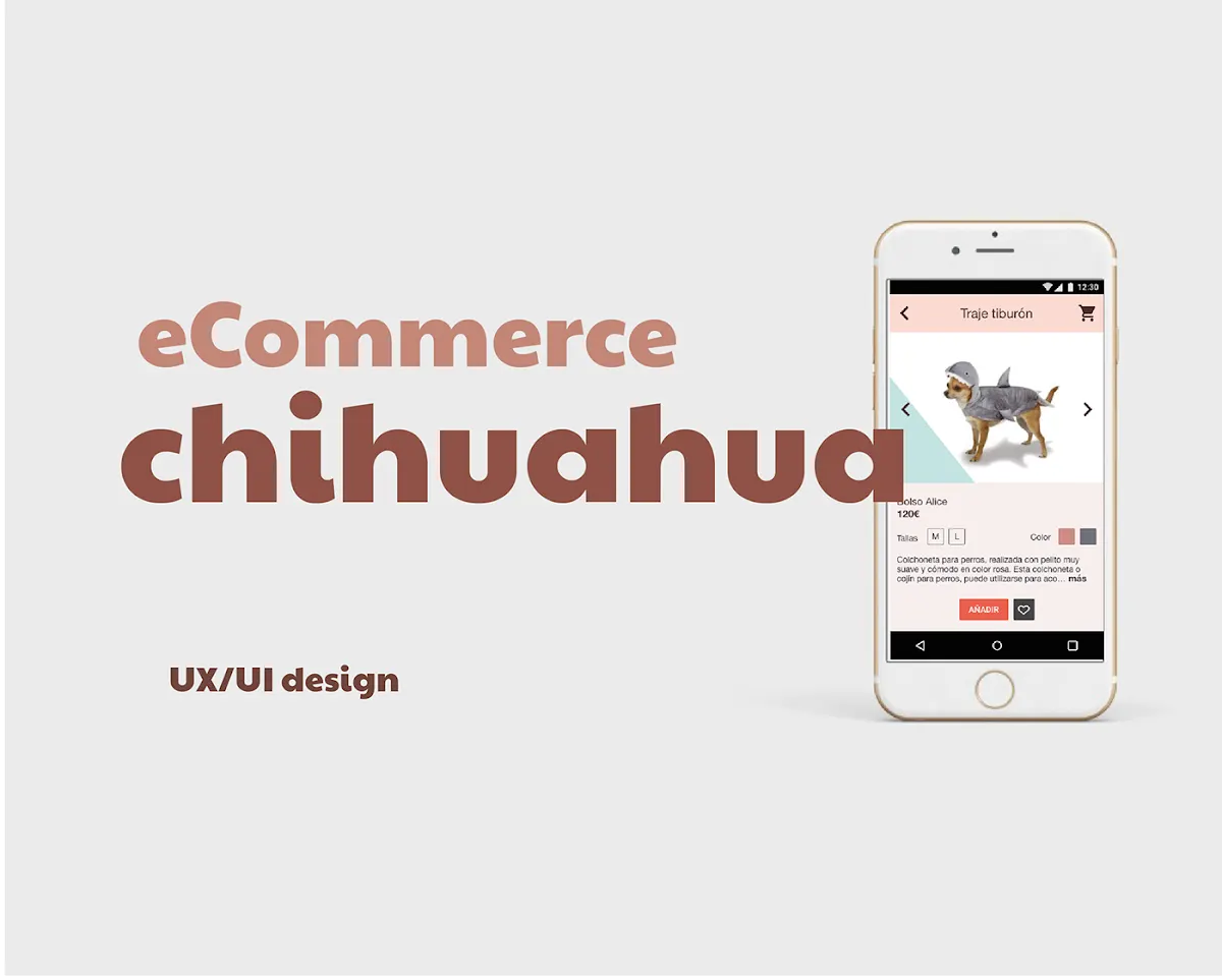 Propuesta de tienda online para chihuahuas, mostrada en un móvil.