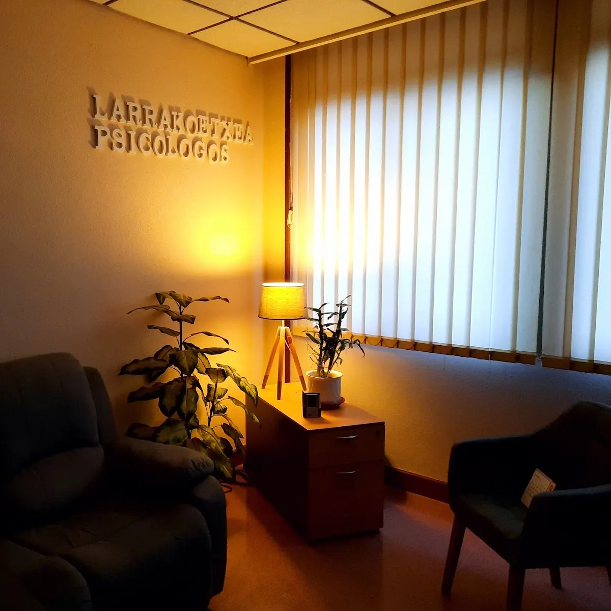 Sala de espera de Larrakoetxea Psicólogos, con sillones, plantas y luz cálida.