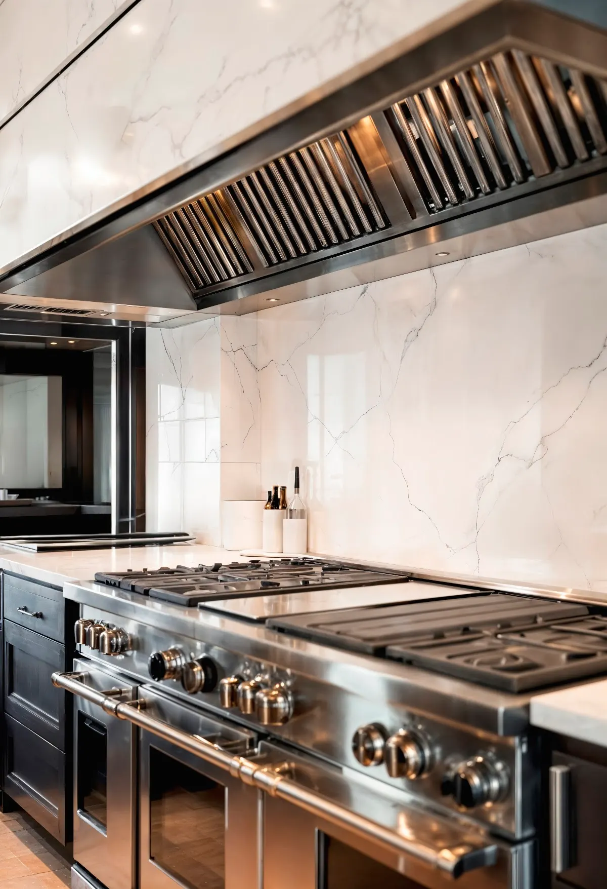 Cocina con campana extractora y electrodomésticos de acero inoxidable.