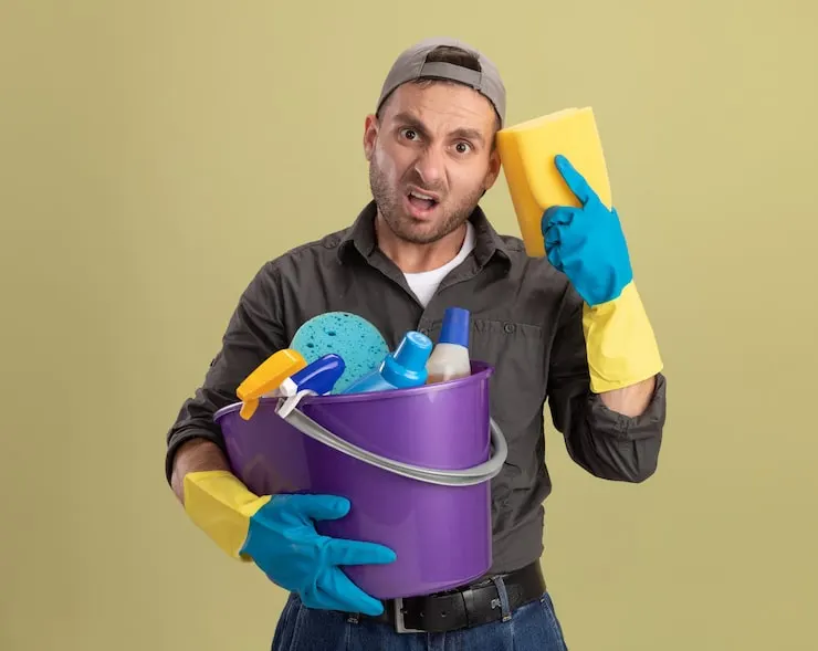 Persona con guantes y cubo de limpieza, imagen asociada a Limpiezas Garbitu
