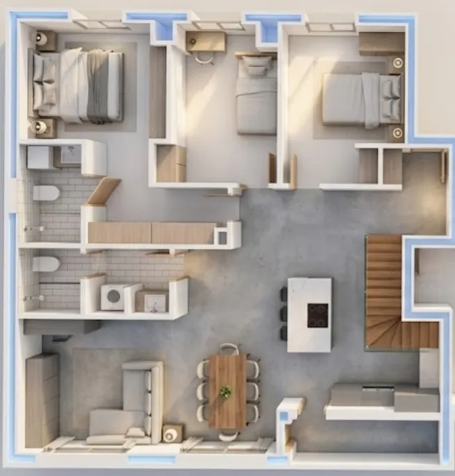 Plano de una vivienda distribuida en varias estancias, con dormitorios, baños y zona común.