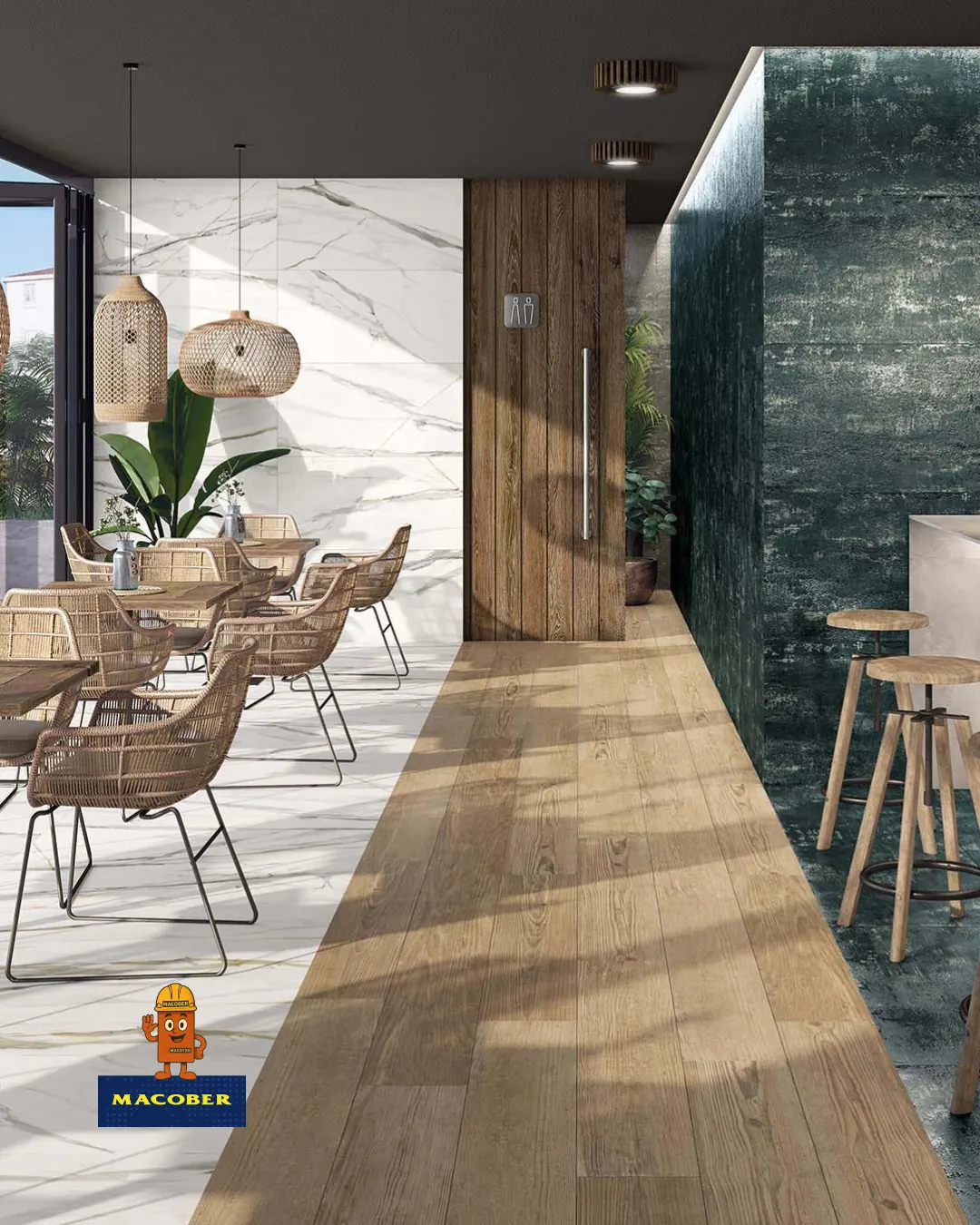 Ambiente interior con distintos acabados de suelo y pared de MACOBER