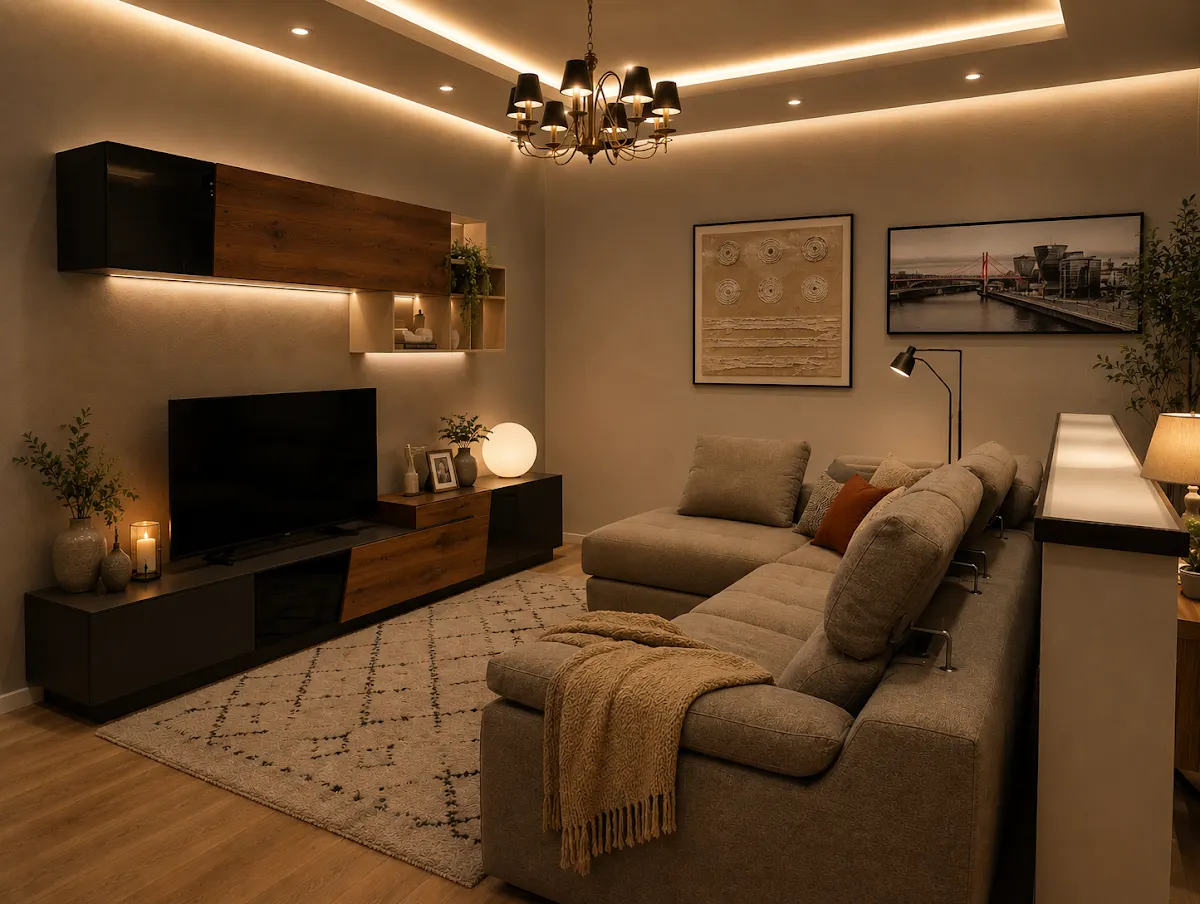 Salón amueblado con sofá, mueble de televisión e iluminación ambiental