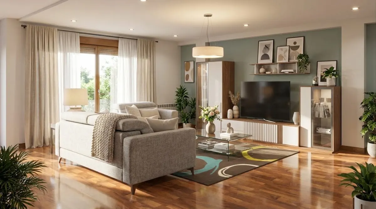 Salón luminoso con sofá, mueble de televisión y decoración